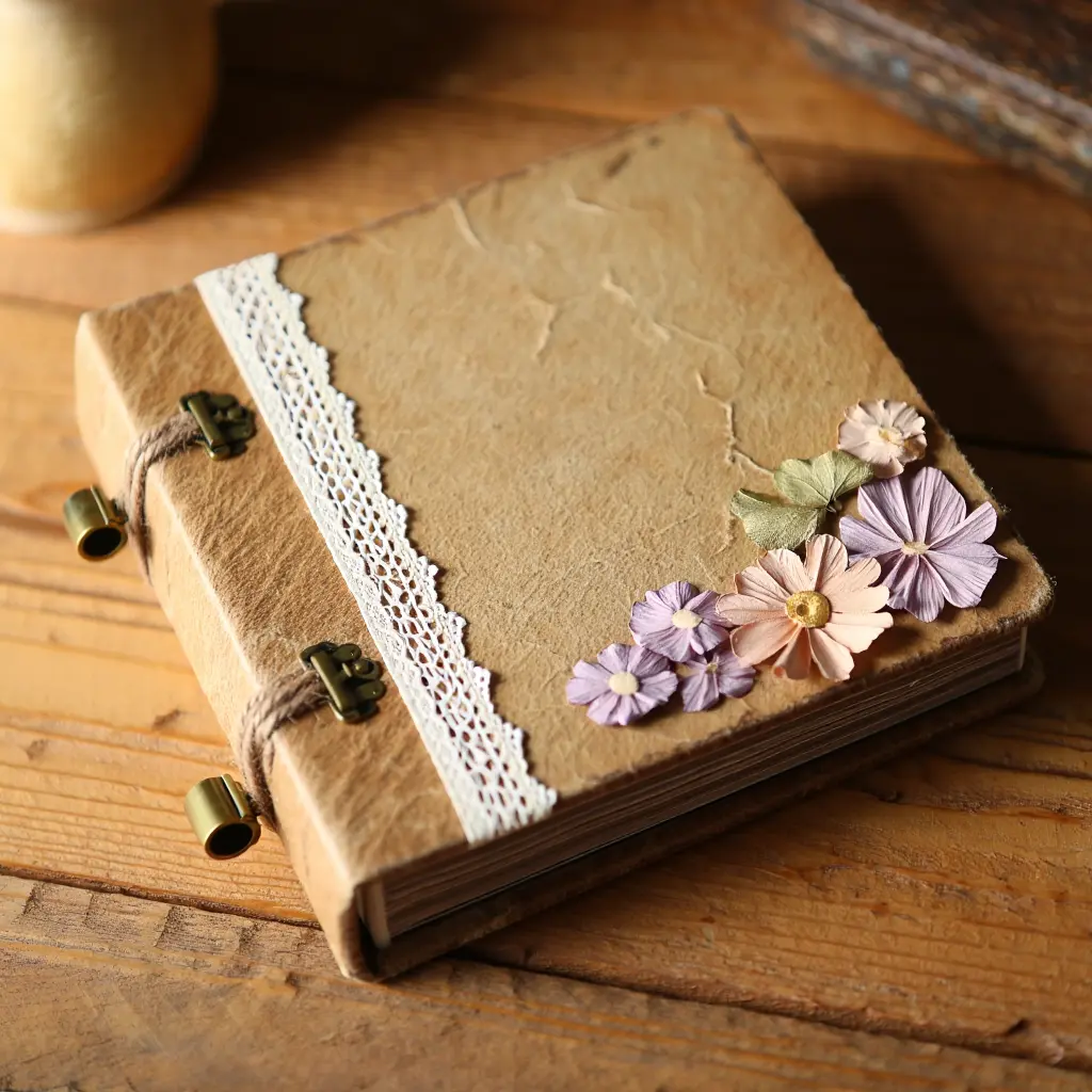 Detaljbilde av et håndlaget fotoalbum