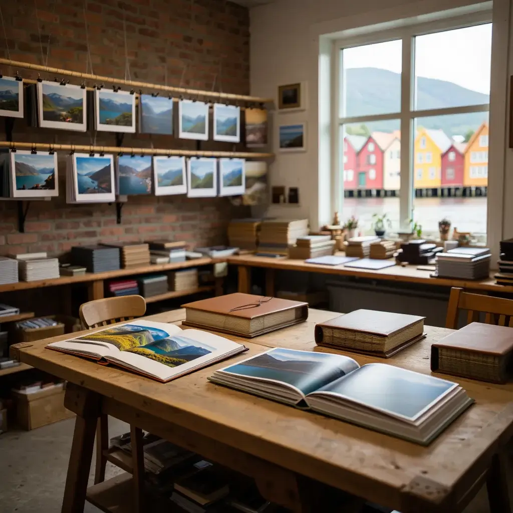 Vårt studio i Bergen med fotoalbum i produksjon
